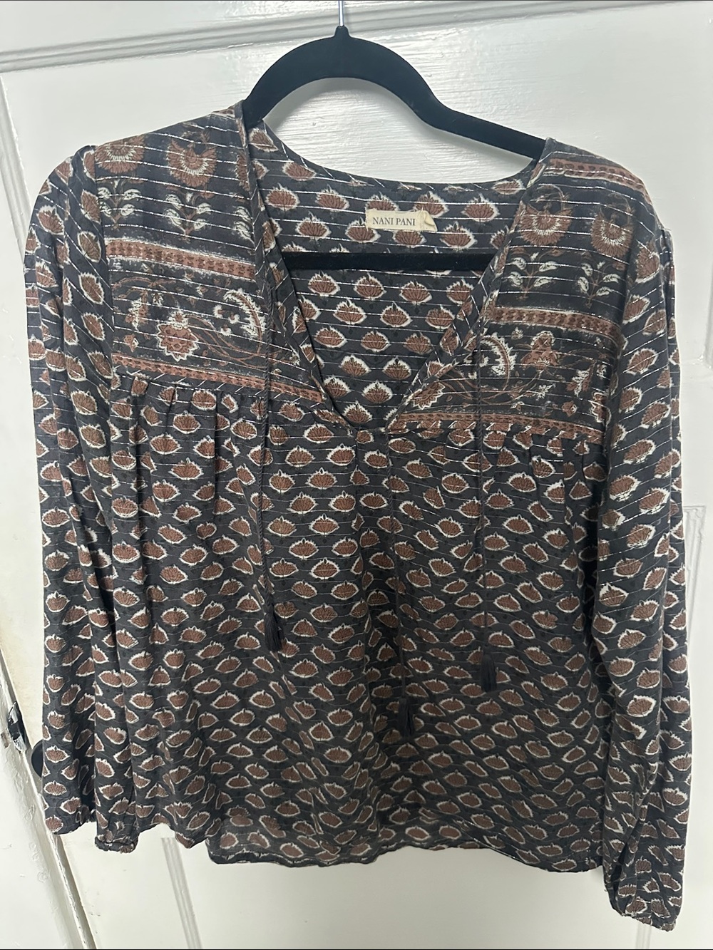 Brown Patterned V-Neck Boho Blouse